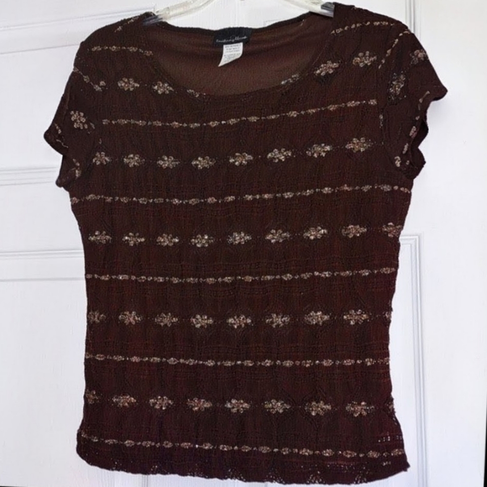 Shiny Gold Metallic Brown Stretch Top